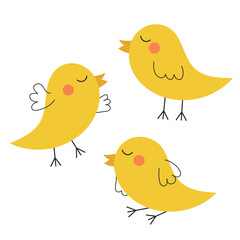 Cute funny yellow easter chicks. Hand drawn illustrations for greeting cards, invitations, wrapping paper, holiday design. 