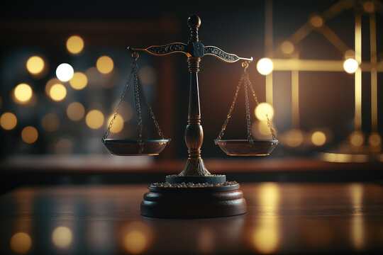 Scales of justice in the courtroom, dark lighting, punishment system for prisoners, presumption of innocence, constitution day. Generative AI.