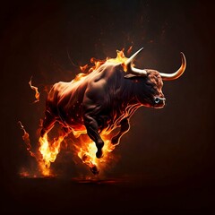 Fire flame bull on black background. Generative AI