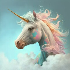 Unicorn head with pink colorful mane in the sky.  Generative AI. 