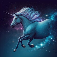 Naklejka na ściany i meble Majestic unicorn on a dark starry night. Generative AI