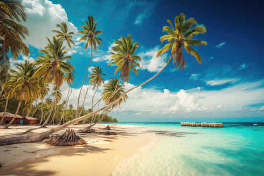 Paradisiacal Beach In The Caribbean With Palm Trees Sun And A Turquoise Sea. Generative AI