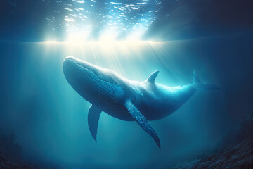 Blue whale swimming underwater. Marine animals wallpaper. Generative AI
