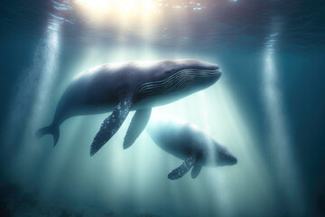 Couple of blue whales swimming underwater. Marine animals wallpaper. Generative AI