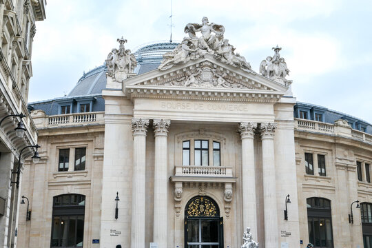 Paris, France. February 19. 2023. Trade exchange of Paris. Building of the stock exchange, located in rue de Viarmes in the Les Halles district. 