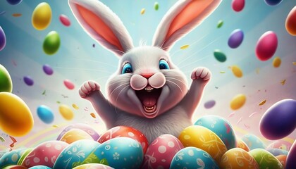 Easter bunny with many colorful easter eggs. Generative AI