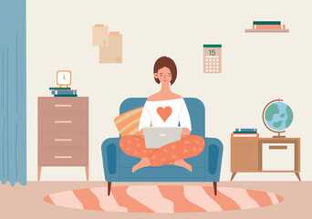 Girl studying at home. Woman sits with laptop in lotus position on armchair. Distance education and training, remote worker. Information and earnings on Internet. Cartoon flat vector illustration