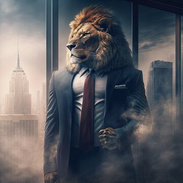 Lion in business suit with city background. Generative AI. 