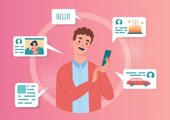 Man holding phone concept. Man with smartphone in his hands uses Internet. Rates car and reads social networks. Information, knowledge and communication online. Cartoon flat vector illustration
