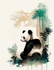 Panda Bear Japanese Style Water Color Illustration. Generative AI