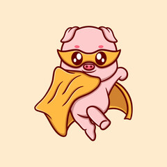 Cute super pig cartoon icon illustration. funny sticker for kids
