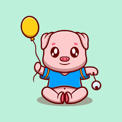 Cute little pig holding a ballon with bell cartoon icon illustration. funny sticker for kids