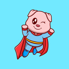 Cute super pig cartoon icon illustration. funny sticker for kids