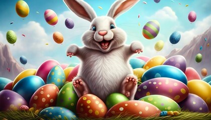 Fototapeta na wymiar Easter bunny with many colorful easter eggs. Generative AI