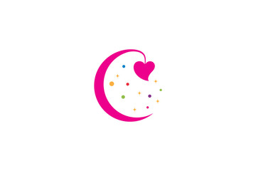 crescent moon logo with love combination decorated with colorful bubbles in flat design