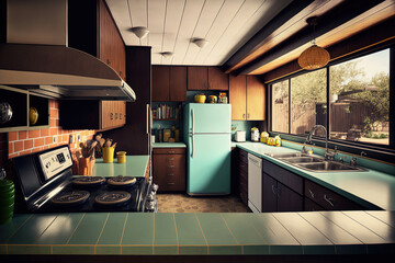 Kitchen interior design in modern mid century style. Generative AI