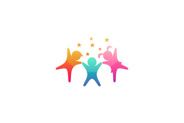 Child playgroup logo with happy face decorated with stars in colorful design