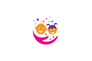 Child care logo with symbol of cheerful child's hand and face in colorful flat design