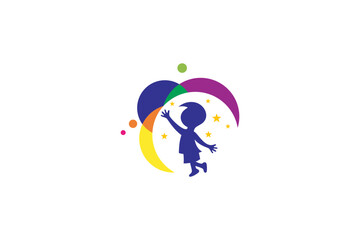 Child reaching for star logo with colorful variation in flat design