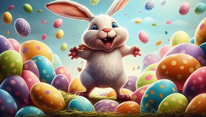 Fototapeta na wymiar Easter bunny with many colorful easter eggs. Generative AI