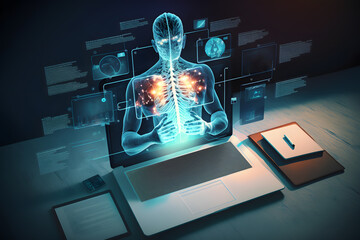 Laptopy ukazujące ludzkie ciało, szkielet. Diagnoza pacjenta, podanie wyników badań, wizyta kontrolna u lekarza. Generative AI - obrazy, fototapety, plakaty
