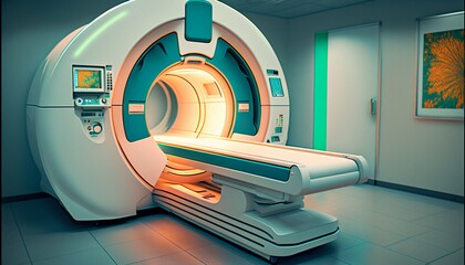 Magnetic resonance imaging scan machine MRI CT in Hospital interior. Generative AI - obrazy, fototapety, plakaty