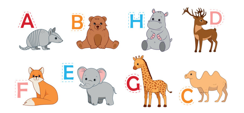 Alphabet animals set. Collection of mammals with letters. Education and learning materials for children. Bear, elephant, giraffe and fox. Cartoon flat vector illustrations isolated on white background