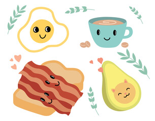 Breakfast kawaii set. Avocado, mug of tea or coffee, bacon with bread, half avocado with cats head. Poster or banner for website. Cartoon flat vector illustrations isolated on white background