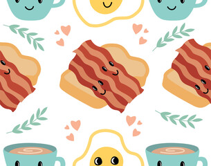 Breakfast kawaii seamless patern. Repeating design element for printing on fabric. Fried eggs and mug with hot drink, tea or coffee, bread with bacon and toast. Cartoon flat vector illustration
