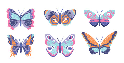 Obraz na płótnie Canvas Colorful butterflies set. Collection of graphic elements for website. Aesthetics and elegance, symbol of spring season, insects. Cartoon flat vector illustrations isolated on white background