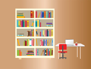 Bookshelf, Bookcase, Books, Laptop, Workplace, Education, study, Office table	