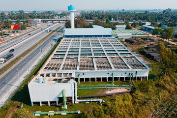 Aerial View of Drinking water treatment plant. Microbiology of drinking water production and...