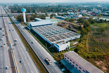 Aerial View of Drinking water treatment plant. Microbiology of drinking water production and distribution,Wastewater Treatment Facilities. Microbiology of drinking water production. Expressway road