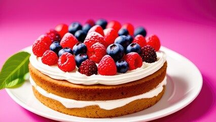 Piece of cake on a plate decorated with berries close-up