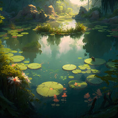 Fototapeta na wymiar beautiful landscape illustration of a pond full of lily pads Generative Ai