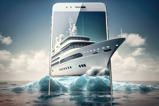 Convenience of online bookings for sea cruises and travel. The photograph features a marine cruise ship sailing out of a mobile phone, representing  seamless experience of booking a cruise online Ai