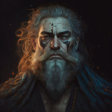 Portrait Of An Old Man Full Of Battle Scars On His Face With A Long Gray Beard And Hair With A Serious Expression Isolated On A Black Background Generative Ai