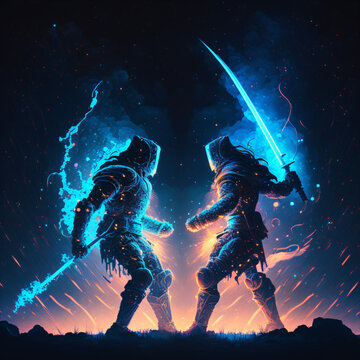 warriors wearing medieval armor fighting with glowing swords illustration Generative Ai