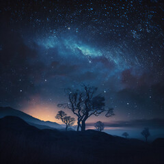 Fototapeta na wymiar a tree in the desert under a sky full of stars Generative Ai
