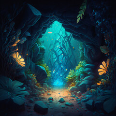 Fototapeta na wymiar an underwater magical cave surrounded by a blue mystical light Generative Ai