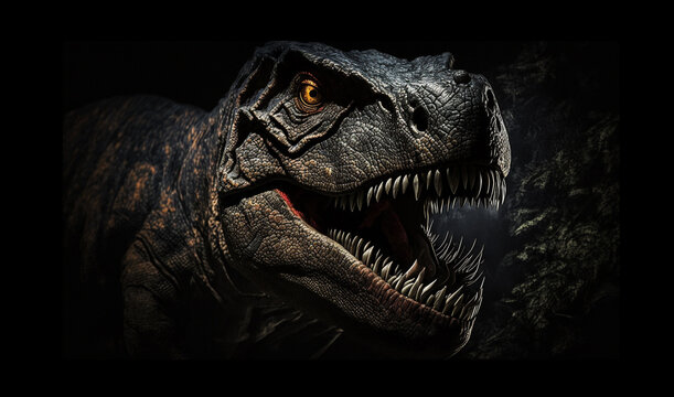 Close up on a The head of dinosaur in the dark background. High quality photo