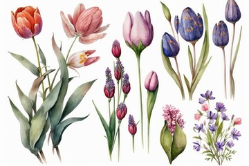 Obraz premium Spring Flowers Watercolor patterns. Isolated on white background. bouquet of tulips
