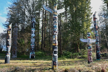 The iconic totem poles in Stanley Park in Vancouver BC, Canada. Vancouver's most visited landmark.