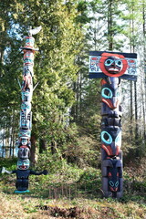 The iconic totem poles in Stanley Park in Vancouver, BC, Canada.