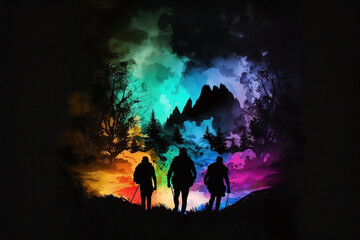 a colorful silhouette of people trekking in the mountains. Generative AI