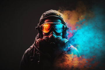 A tactical suit, colorful paint and smoke bombs for a war game. Generative A - obrazy, fototapety, plakaty