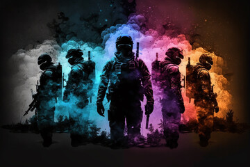 A tactical suit, colorful paint and smoke bombs for a war game. Generative A
