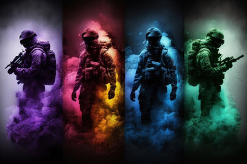 A tactical suit, colorful paint and smoke bombs for a war game. Generative A