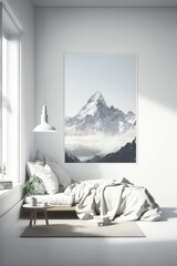 relaxing mind abstract double exposure paint in living room with bed, calm relaxed nature earthy feeling with light, monochromatic mountains trees copy space