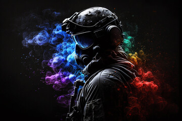 Fototapeta na wymiar A tactical suit, colorful paint and smoke bombs for a war game. Generative A